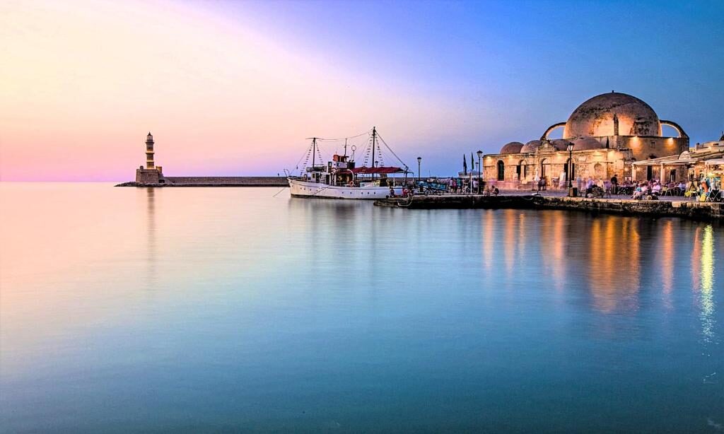 The Venetian harbour of Chania at sunset